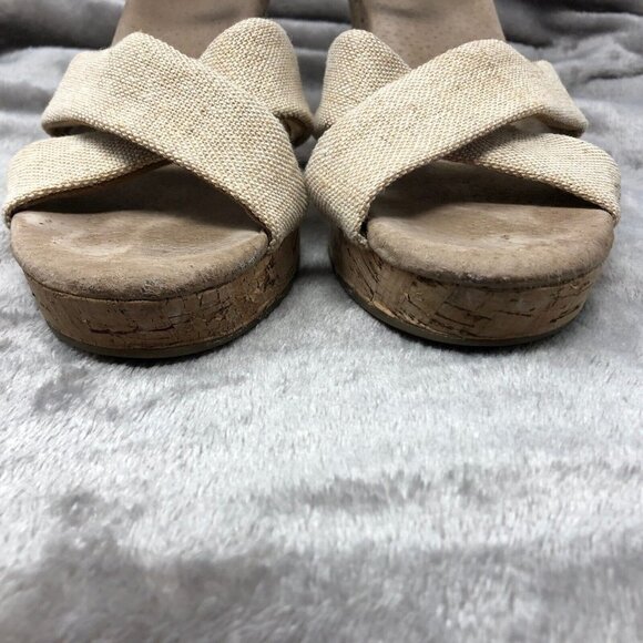 TOMS Natural Sierra Canvas Burlap Crisscross Open Toe Cork Wedge Sandals Sz 9.5 - Picture 4 of 11